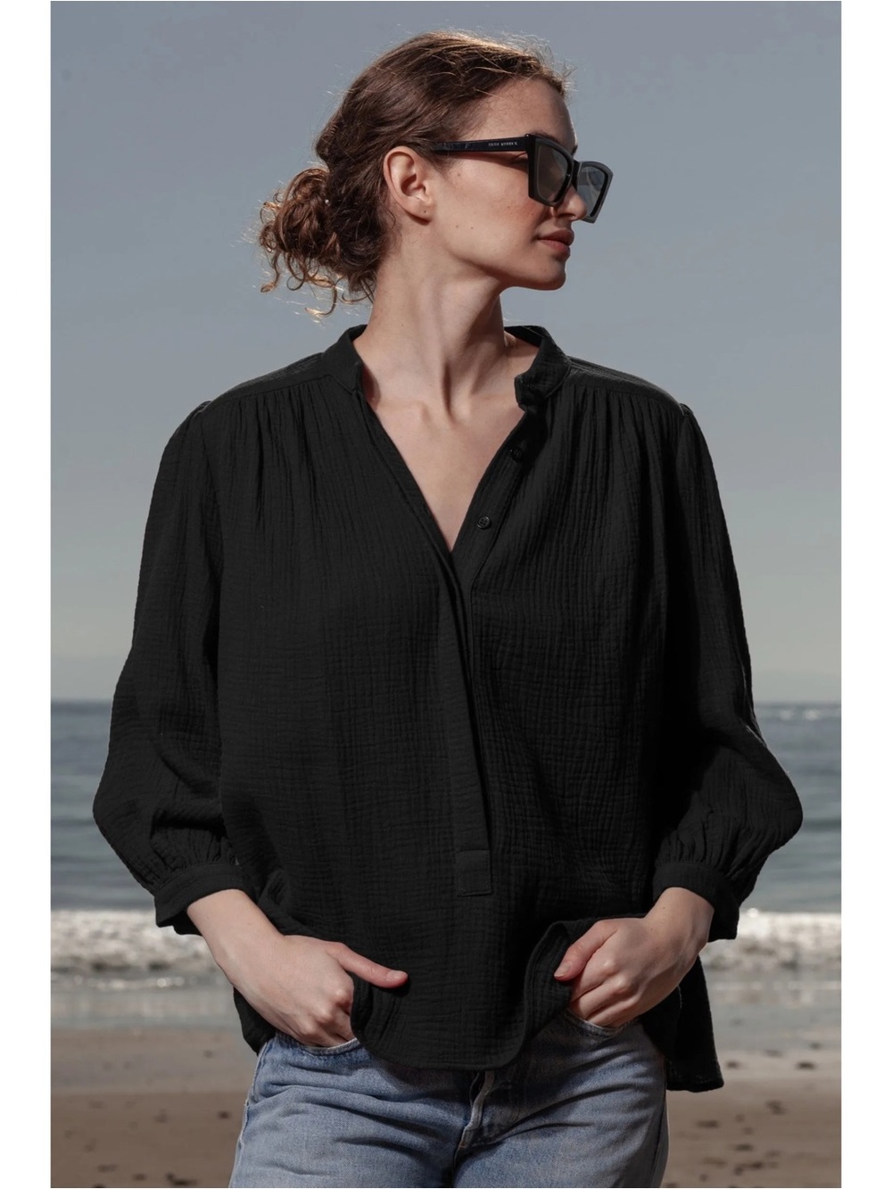 Heidi‎ Merrick Marish Top Black Cotton Gauze Blouse Small Made USA Minimalist